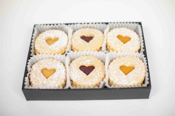 Linzer Cookie box with Raspberry, Apricot and Lemon Linzer Tart cookies