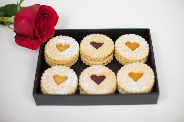 Linzer Cookie box with Raspberry, Apricot and Lemon Linzer Tart cookies